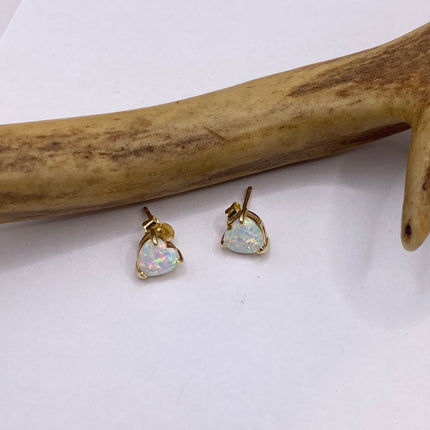 Vintage Gold Earrings | Tiny White Fire Opal Gemstone Heart | Golden 925 Sterling Silver Stud Button Earrings | Minimalist Everyday Jewelry
