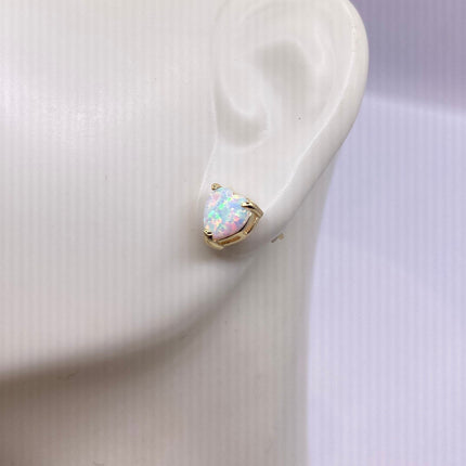 Vintage Gold Earrings | Tiny White Fire Opal Gemstone Heart | Golden 925 Sterling Silver Stud Button Earrings | Minimalist Everyday Jewelry