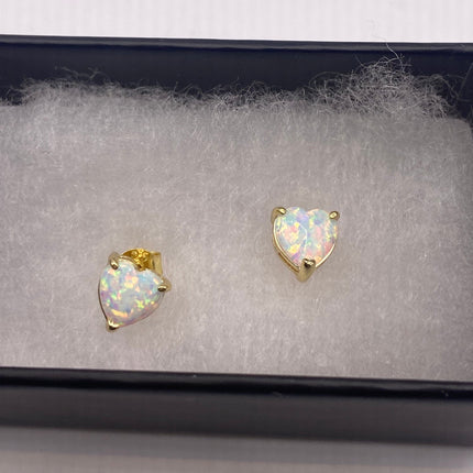 Vintage Gold Earrings | Tiny White Fire Opal Gemstone Heart | Golden 925 Sterling Silver Stud Button Earrings | Minimalist Everyday Jewelry