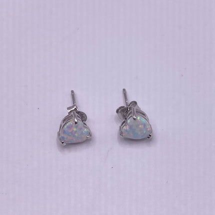 Vintage Silver Earrings | Tiny White Fire Opal Gemstone Heart | 925 Sterling Silver Stud Button Earrings | Minimalist Everyday Jewelry