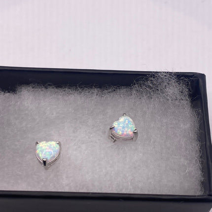 Vintage Silver Earrings | Tiny White Fire Opal Gemstone Heart | 925 Sterling Silver Stud Button Earrings | Minimalist Everyday Jewelry