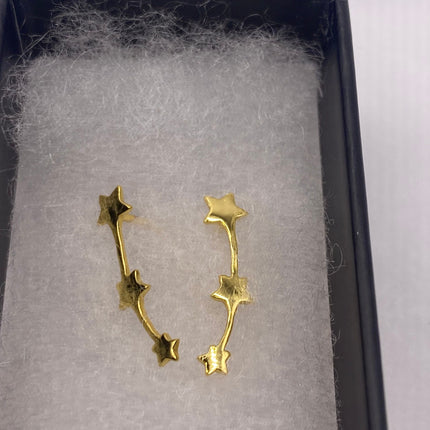 Vintage Gold Earrings | Tiny Deco Star Dangle Design | Golden 925 Sterling Silver Stud Earrings | Minimalist Everyday Jewelry