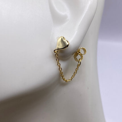 Tiny Gold Earrings | Mini Heart Chain Charm | Golden 925 Sterling Silver Dainty Dangle Hoop Huggie Earrings | Minimalist Everyday Jewelry
