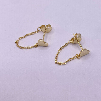 Tiny Gold Earrings | Mini Heart Chain Charm | Golden 925 Sterling Silver Dainty Dangle Hoop Huggie Earrings | Minimalist Everyday Jewelry