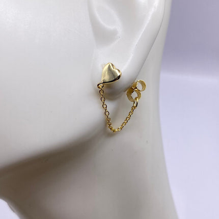 Tiny Gold Earrings | Mini Heart Chain Charm | Golden 925 Sterling Silver Dainty Dangle Hoop Huggie Earrings | Minimalist Everyday Jewelry