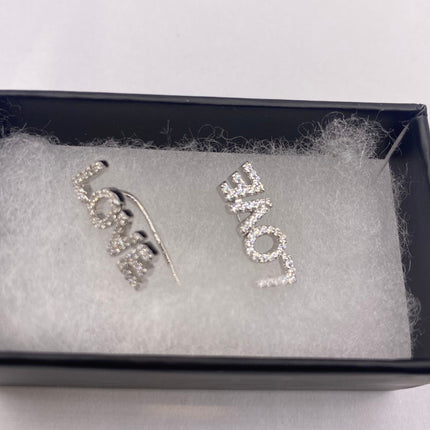 Tiny Silver Earrings | Mini Love Word Cubic Zirconia Crystal Diamond | Pave Set 925 Sterling Silver Dangle Earrings | Minimalist Everyday