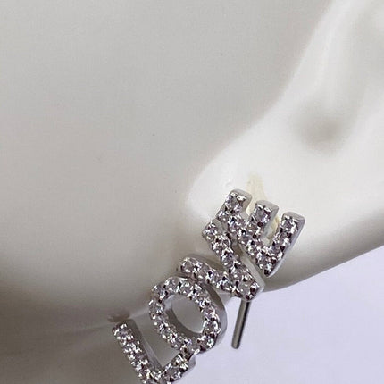 Tiny Silver Earrings | Mini Love Word Cubic Zirconia Crystal Diamond | Pave Set 925 Sterling Silver Dangle Earrings | Minimalist Everyday