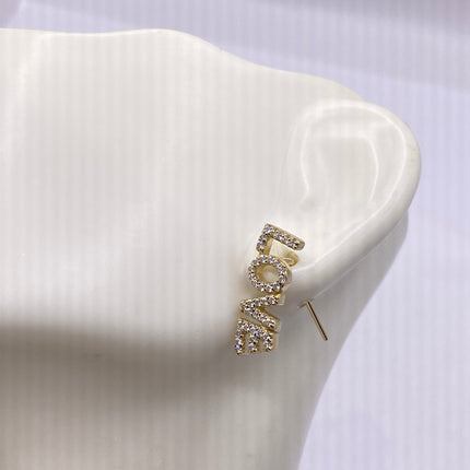 Tiny Gold Earrings | Mini Love Word Cubic Zirconia Crystal Diamond | Pave Golden 925 Sterling Silver Dangle Earrings | Minimalist Everyday