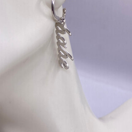 Tiny Silver Earrings | Mini BABE Word Letter Script | 925 Sterling Silver Dainty Dangle Hoop Huggie Earrings | Minimalist Everyday Jewelry