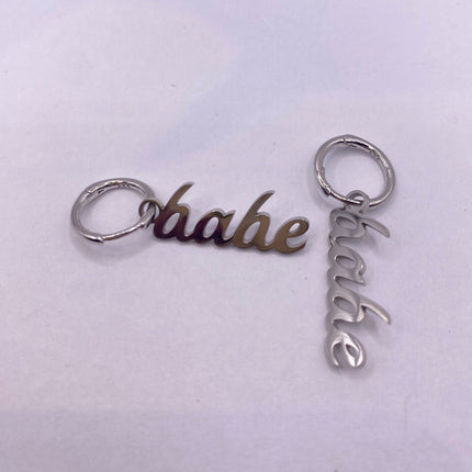 Tiny Silver Earrings | Mini BABE Word Letter Script | 925 Sterling Silver Dainty Dangle Hoop Huggie Earrings | Minimalist Everyday Jewelry