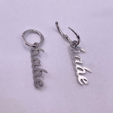Tiny Silver Earrings | Mini BABE Word Letter Script | 925 Sterling Silver Dainty Dangle Hoop Huggie Earrings | Minimalist Everyday Jewelry