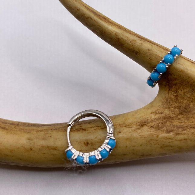Tiny Silver Earrings | Mini Turquoise Gemstone Dainty Beads | 925 Sterling Silver Dangle Hoop Huggie Earrings | Minimalist Everyday Jewelry