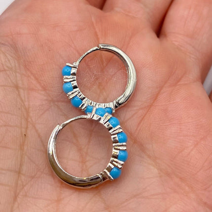 Tiny Silver Earrings | Mini Turquoise Gemstone Dainty Beads | 925 Sterling Silver Dangle Hoop Huggie Earrings | Minimalist Everyday Jewelry