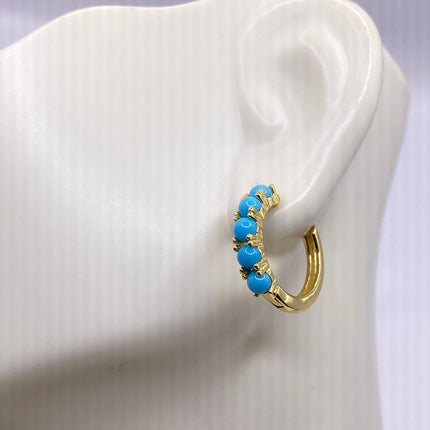 Tiny Gold Earrings | Mini Turquoise Gemstone Dainty Beads | Golden 925 Sterling Silver Hoop Loop Huggie Earrings | Minimalist Everyday