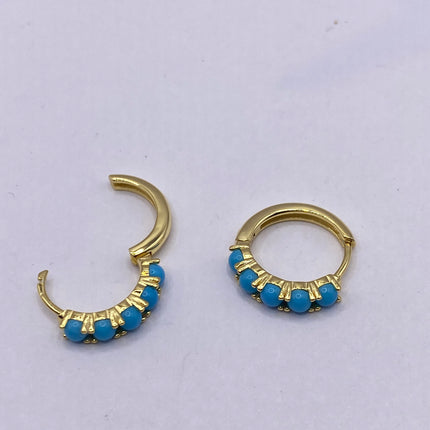 Tiny Gold Earrings | Mini Turquoise Gemstone Dainty Beads | Golden 925 Sterling Silver Hoop Loop Huggie Earrings | Minimalist Everyday