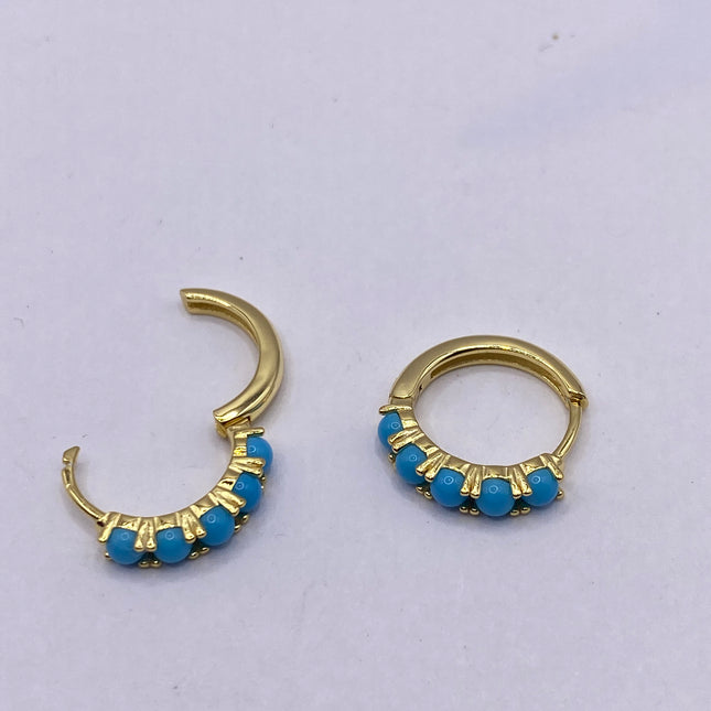 Tiny Gold Earrings | Mini Turquoise Gemstone Dainty Beads | Golden 925 Sterling Silver Hoop Loop Huggie Earrings | Minimalist Everyday