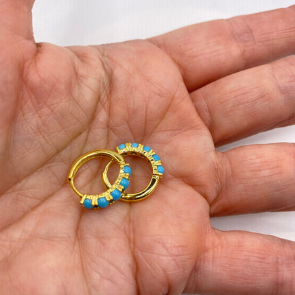Tiny Gold Earrings | Mini Turquoise Gemstone Dainty Beads | Golden 925 Sterling Silver Hoop Loop Huggie Earrings | Minimalist Everyday