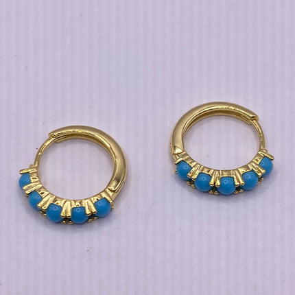 Tiny Gold Earrings | Mini Turquoise Gemstone Dainty Beads | Golden 925 Sterling Silver Hoop Loop Huggie Earrings | Minimalist Everyday