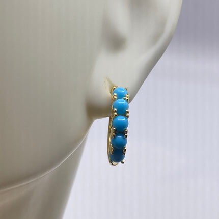 Tiny Gold Earrings | Mini Turquoise Gemstone Dainty Beads | Golden 925 Sterling Silver Hoop Loop Huggie Earrings | Minimalist Everyday
