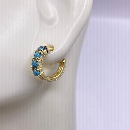 Tiny Gold Earrings | Mini Turquoise Gemstone Dainty Beads | Golden 925 Sterling Silver Hoop Loop Huggie Earrings | Minimalist Everyday