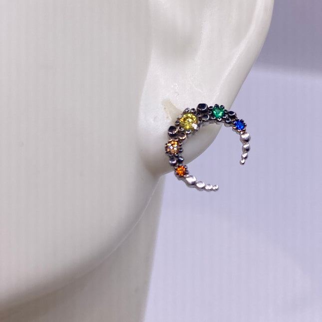 Vintage Silver Earrings | Multi Colored Tourmaline Gemstone Tiny Deco Arc Moon | 925 Sterling Silver Stud Earrings | Minimalist Everyday