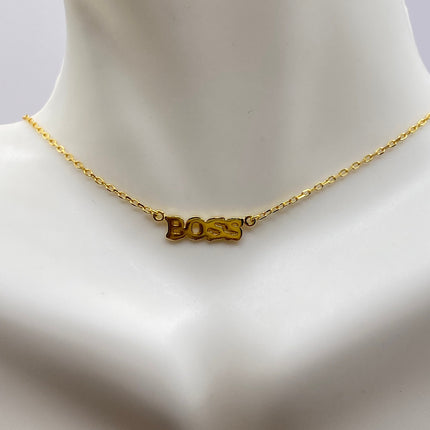 Tiny Gold Necklace | BOSS Letter Word Charm Pendant | Golden 925 Sterling Silver Dainty Chain Necklace | Everyday Minimalist Style