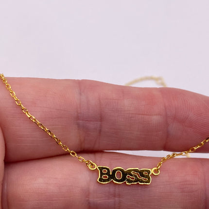 Tiny Gold Necklace | BOSS Letter Word Charm Pendant | Golden 925 Sterling Silver Dainty Chain Necklace | Everyday Minimalist Style