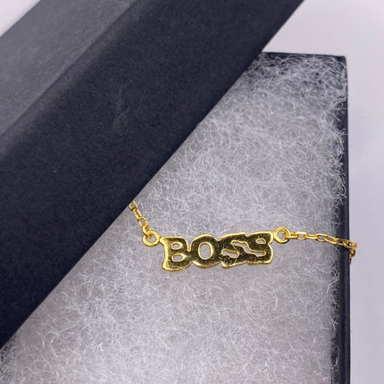 Tiny Gold Necklace | BOSS Letter Word Charm Pendant | Golden 925 Sterling Silver Dainty Chain Necklace | Everyday Minimalist Style