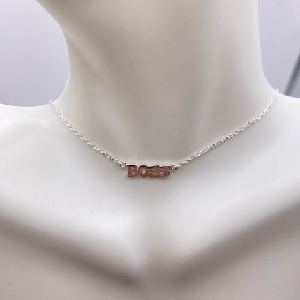 Tiny Silver Necklace "BOSS" Pendant | 925 Sterling Silver Dainty Chain Word Charm Necklace