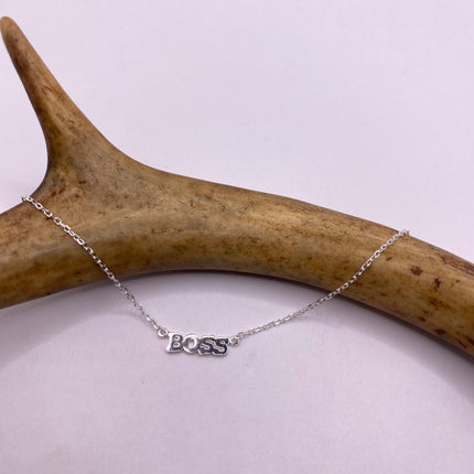 Tiny Silver Necklace "BOSS" Pendant | 925 Sterling Silver Dainty Chain Word Charm Necklace