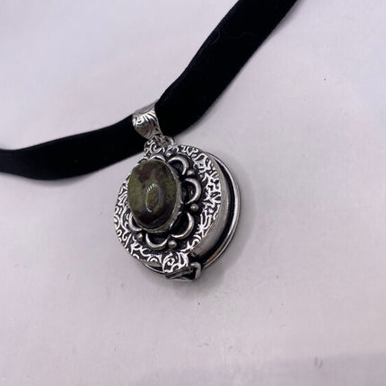 Vintage Poison Pillbox Velvet Choker Locket - Silver, White Bronze, Unakite, Antique Design, Necklace