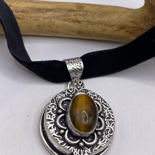 Vintage Poison Pillbox Velvet Choker Locket - Silver, White Bronze, Tigers Eye, Antique Design, Necklace