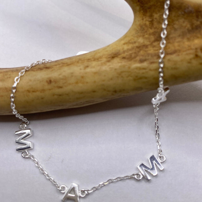 Silver Letter Bracelet | Tiny Charm Word | Vintage Style Dainty 925 Sterling Silver Jewelry for Mama Love Bracelet