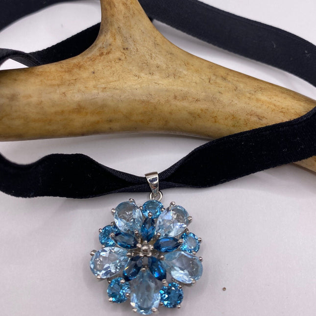 Vintage Gemstone Pendant Choker Necklace | Aquamarine Blue Topaz Gemstone Flower Crown Cluster | 925 Sterling Silver Velvet Choker Necklace