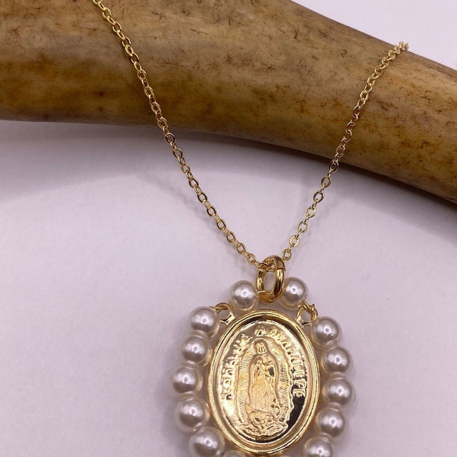 Vintage Tiny Gold Pendant Necklace | Pearl Gemstone 9k Gold Filled Dainty Lady of Guadelupe Saint Amulet Charm Delicate Chain Necklace