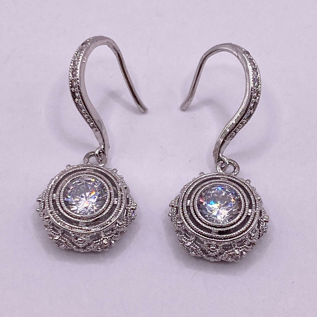 Vintage Silver Earrings | White Sapphire Deco Gemstone Dangle Drop | 925 Sterling Silver Earrings