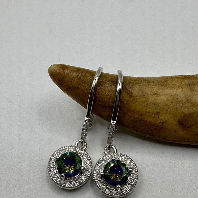 Vintage Silver Earrings | Blue Mystic Topaz White Sapphire Gemstone Dangle Drop Chandelier Earrings | 925 Sterling Silver