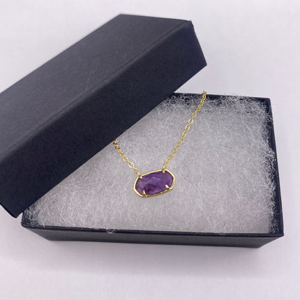 Vintage Tiny Gold Charm Necklace | Purple Amethyst Gemstone Dainty Gold 925 Sterling Silver Chain Necklace | Minimalist Style Crystal