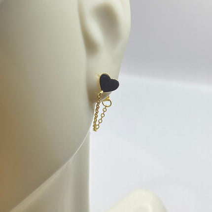 Tiny Gold Earrings | Mini Heart Chain Charm | Golden 925 Sterling Silver Dainty Dangle Hoop Huggie Earrings | Minimalist Everyday Jewelry