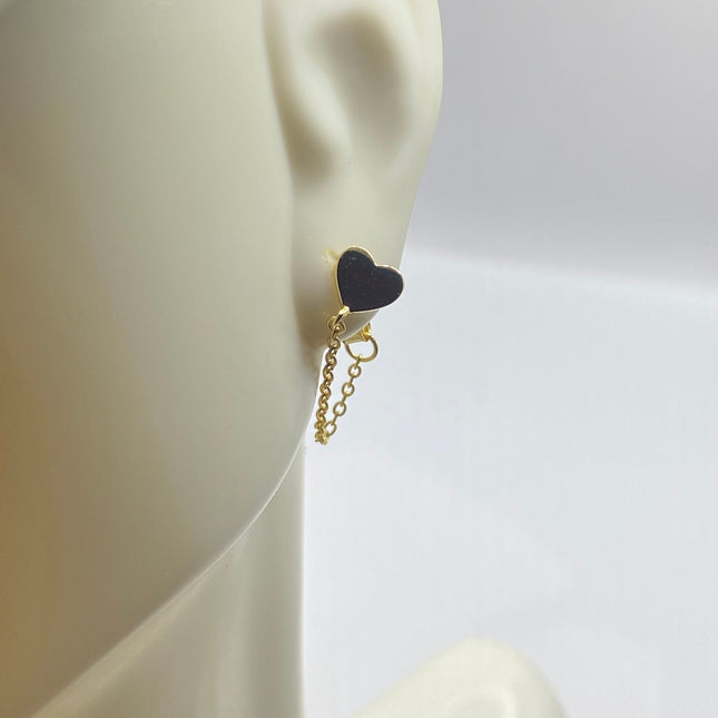 Tiny Gold Earrings | Mini Heart Chain Charm | Golden 925 Sterling Silver Dainty Dangle Hoop Huggie Earrings | Minimalist Everyday Jewelry