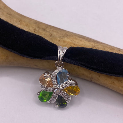 Vintage Flower 925 Sterling Silver Pendant Velvet Choker Necklace