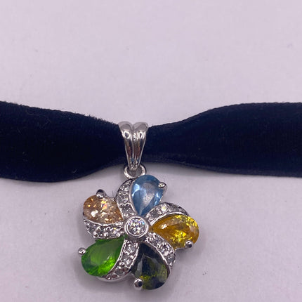 Vintage Flower 925 Sterling Silver Pendant Velvet Choker Necklace