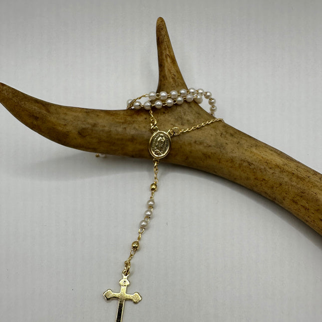Vintage Gold Rosary Cross | White Freshwater Pearl 9k GF Prayer Necklace