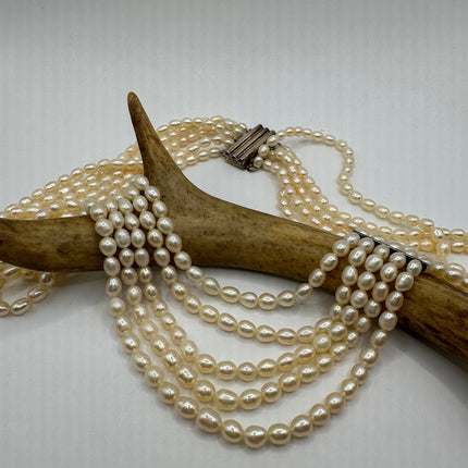 Vintage Pearl Necklace | White Pearl Gemstone Layered Choker Princess Necklace | 925 Sterling Silver Clasp