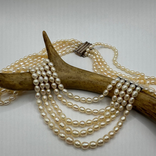 Vintage Pearl Necklace | White Pearl Gemstone Layered Choker Princess Necklace | 925 Sterling Silver Clasp