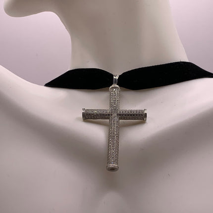Vintage White Sapphire Pave Cross Choker 925 Sterling Silver Necklace