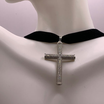 Vintage White Sapphire Pave Cross Choker 925 Sterling Silver Necklace