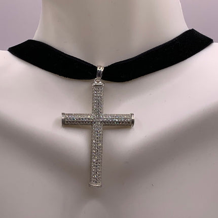 Vintage White Sapphire Pave Cross Choker 925 Sterling Silver Necklace