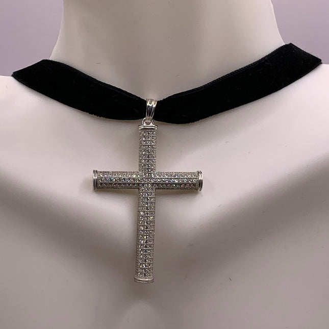Vintage White Sapphire Pave Cross Choker 925 Sterling Silver Necklace