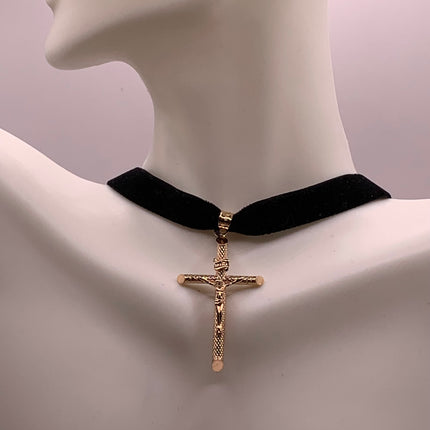 Vintage Gold Pendant | Cross Crucifix Statement Charm Pendant | Golden 925 Sterling Silver Velvet Choker Necklace